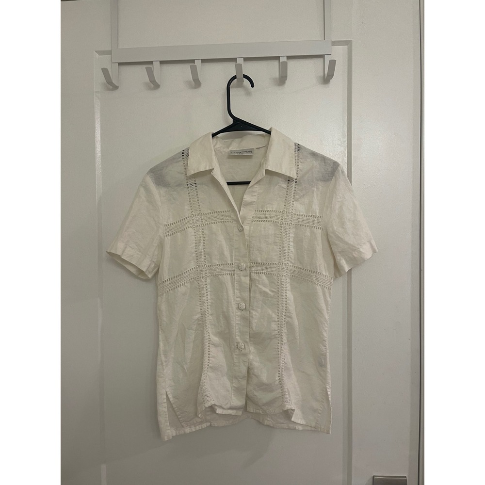 Vintage Linen White Crochet Button Up Blouse Chic Cottagecore 90s - Picture 1 of 6